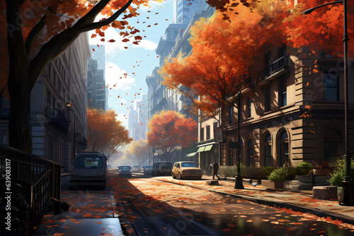 Urban Autumn: the juxtaposition of urban landscapes with the warmth of autumn leaves, such as fallen leaves on city streets or parks amidst skyscrapers