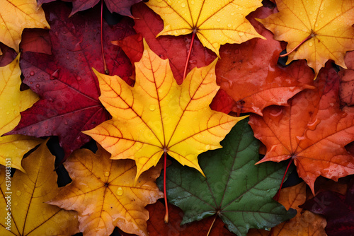 Close of colorful maple leaves on the floor. Fall or autumn. Patterns