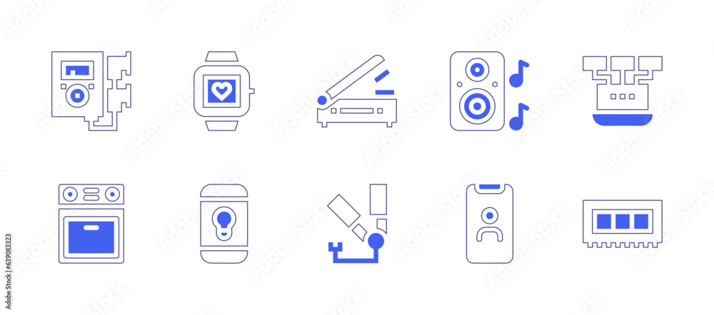 Device icon set. Duotone style line stroke and bold. Vector illustration. Containing music player, smartwatch, scanner, speaker, local network, oven, idea, hair straightener, user, ram.