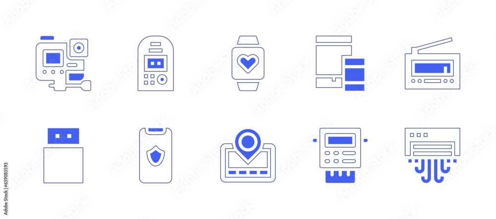 Device icon set. Duotone style line stroke and bold. Vector illustration. Containing action camera, dosimeter, heart rate, ipad, radio, flash disk, security, gps navigator, electric meter.