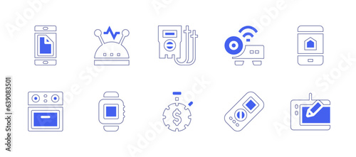 Device icon set. Duotone style line stroke and bold. Vector illustration. Containing smartphone, electricity, voltmeter, projector, oven, smartwatch, counterclockwise, multimeter, pen. © Huticon