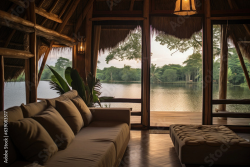 Ecolodge or eco-lodge hotel interior with lake view © Enigma