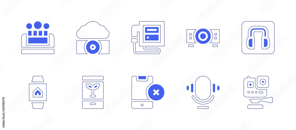 Device icon set. Duotone style line stroke and bold. Vector illustration. Containing bubble, fog, ultrasound, projector, headphones, smartwatch, smart farm, smartphone, microphone, action camera.