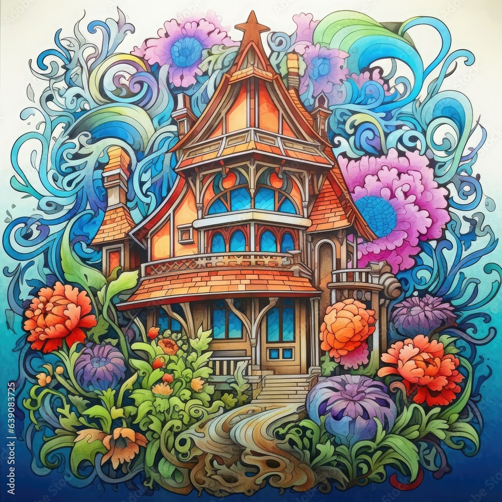 Old house with flowers and leaves