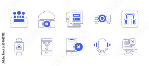 Device icon set. Duotone style line stroke and bold. Vector illustration. Containing bubble, fog, ultrasound, projector, headphones, smartwatch, smart farm, smartphone, microphone, action camera. © Huticon
