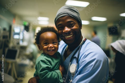 Smiling portrait of an african american pediatrician holding a little boy in a childrens hospital