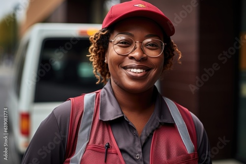 Smiling portrait of a middle aged female delivery driver working for a postal service in the city © Geber86