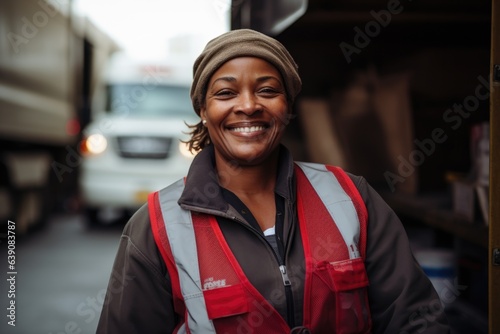 Smiling portrait of a middle aged female delivery driver working for a postal service in the city