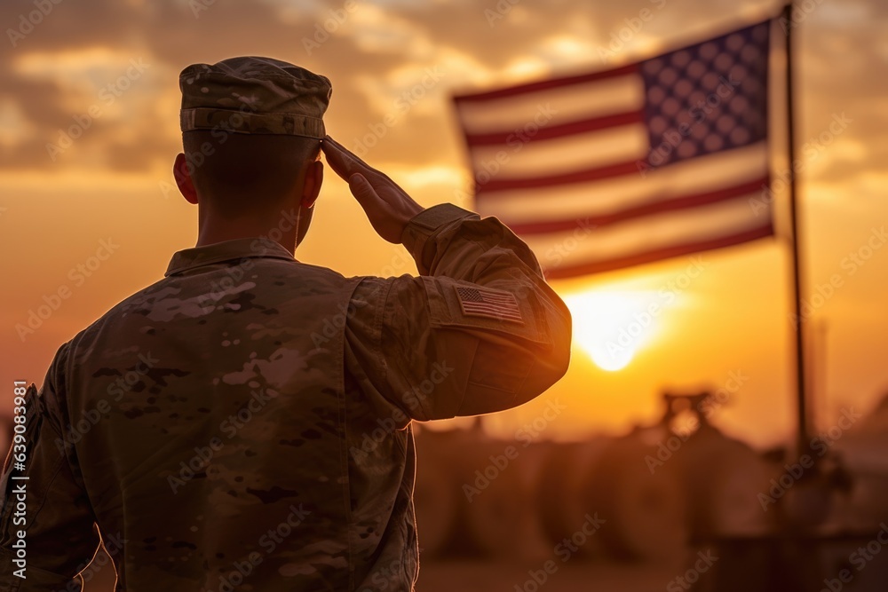 American soldier saluting the american flag during sunset - obrazy, fototapety, plakaty 