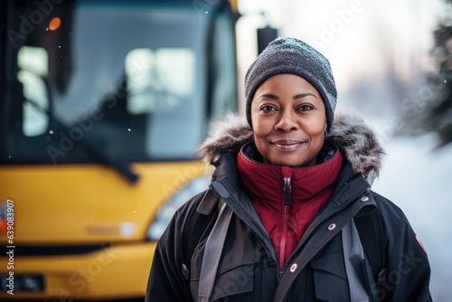 Portrait of a smiling female middle aged african american bus driver
