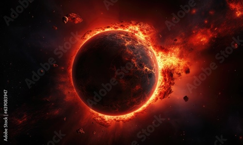 Fiery planet with lava in space