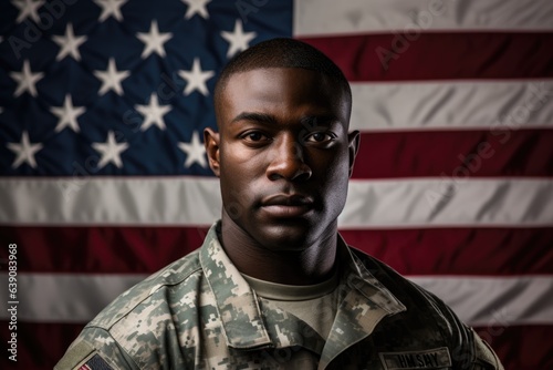 Portrait of a african american soldier with the american flag behind him symbolizing patriotism and service to the country
