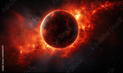 Fiery planet with lava in space