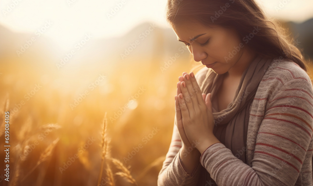 woman pray for god blessing to wishing have a better life, woman hands - obrazy, fototapety, plakaty 