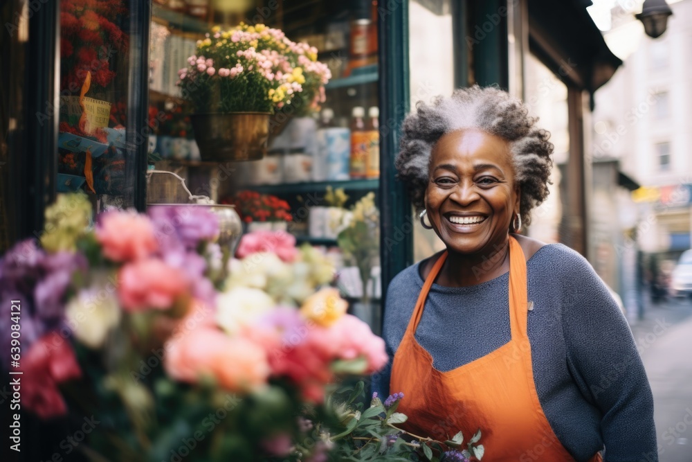 Smiling portrait of a senior african american flower shop owner working in her flower shop