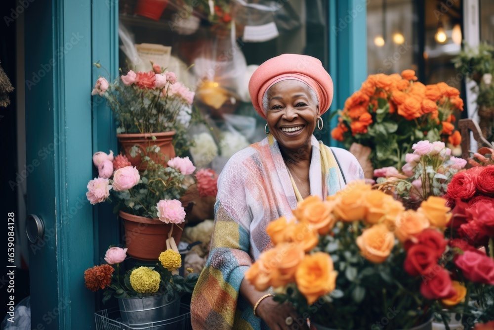 Smiling portrait of a senior african american flower shop owner working in her flower shop