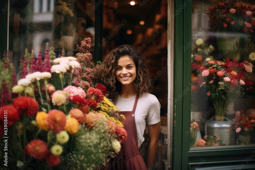 Portrait of a smiling young caucasian flower shop owner working in a flower shop