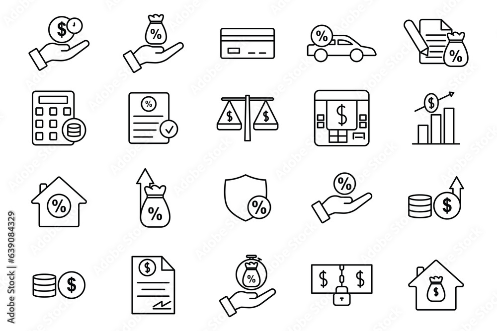 Credit and loan set icon. Contains icons credit, loan, leasing, mortgage, etc. suitable for web site design, app, user interfaces, printable etc. Line icon style. Simple vector design editable. Credit and loan set icon. Contains icons credit, loan, leasing, mortgage, etc. suitable for web site design, app, user interfaces, printable etc. Line icon style. Simple vector design editable.