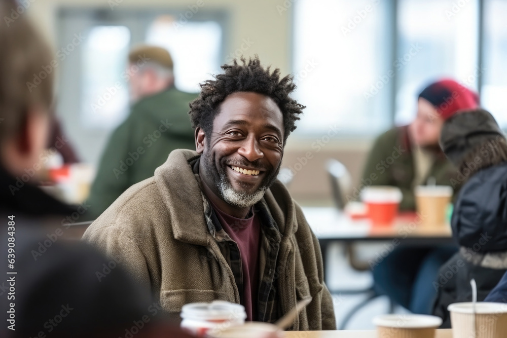 A homeless man eats in the shelter's canteen
