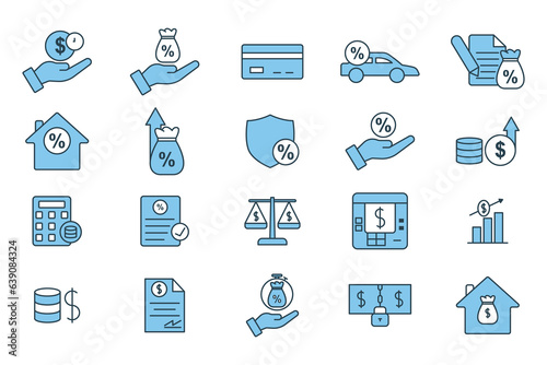 Credit and loan set icon. Contains icons credit, loan, leasing, mortgage, etc. suitable for web site design, app, user interfaces, printable etc. Flat line icon style. Simple vector design editable.