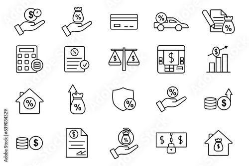 Credit and loan set icon. Contains icons credit, loan, leasing, mortgage, etc. suitable for web site design, app, user interfaces, printable etc. Line icon style. Simple vector design editable.