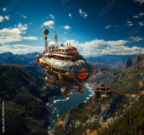 Fantasy airship flying over the mountains. Created with generative AI technology photo