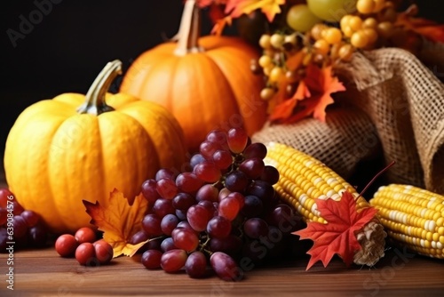 Thanksgiving day fall still life with pumpkins  corns and grapes