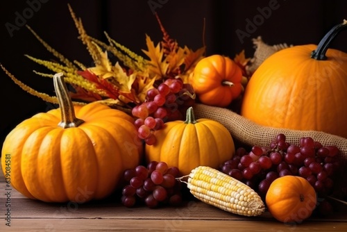 Thanksgiving day fall still life with pumpkins, corns and grapes