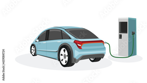 Electric Vehicle mini car charging parking at the charger station with a plug in cable. Charging in the rear side of car to battery. Isolated flat vector illustration on white background.
