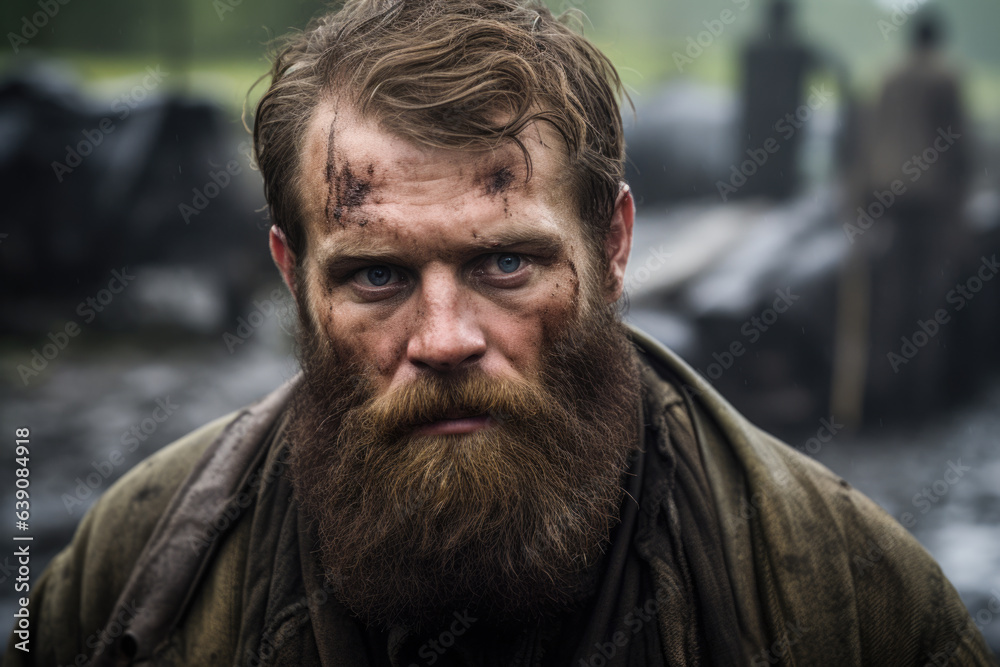 Portrait of a man wearing a dirty, brown jacket and has a beard, bleak, somber Portrait of a man wearing a dirty, brown jacket and has a beard, bleak, somber