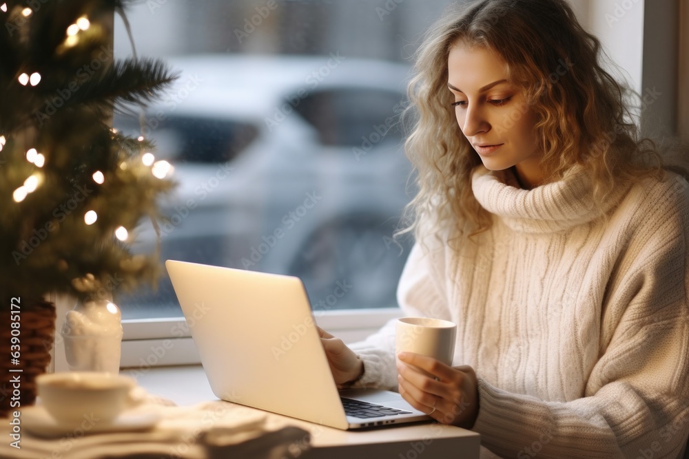 Woman in warm white winter sweater sitting at windowsill at home at christmas eve working on laptop Woman in warm white winter sweater sitting at windowsill at home at christmas eve working on laptop
