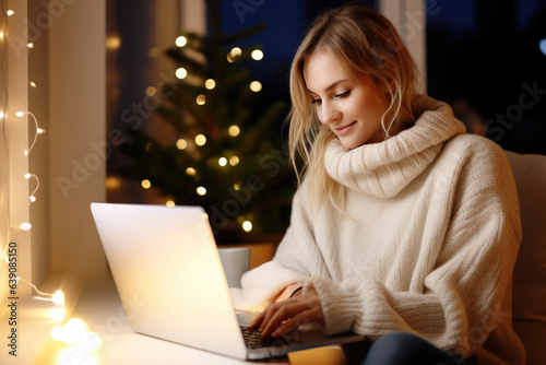 Woman in warm white winter sweater sitting at windowsill at home at christmas eve working on laptop