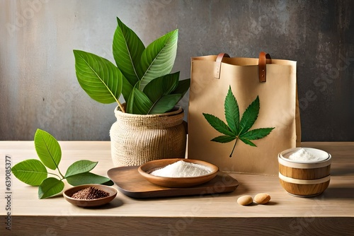 spa still life with bamboo and bag with mortar and pestle with herbs
