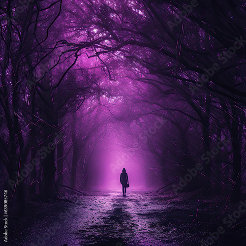 silhouette of a person in the purple forest