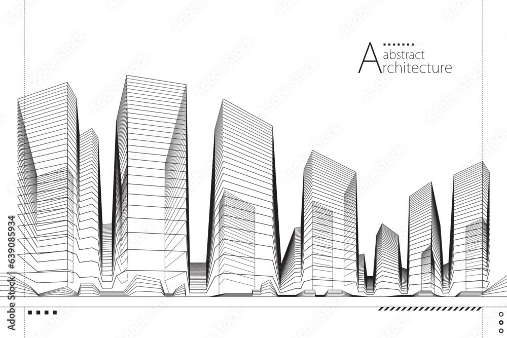 Fototapeta premium 3D illustration, abstract modern urban landscape line drawing, imaginative architecture building construction perspective design.