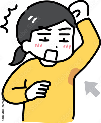 脇汗で服が濡れて困っている私服の若い女性(上半身)