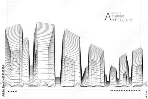 3D illustration, abstract modern urban landscape line drawing, imaginative architecture building construction perspective design.