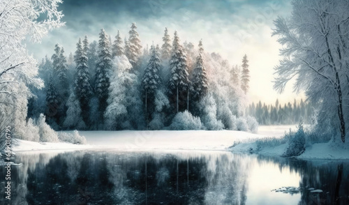 winter background of snow and frost with landscape of forest © Enigma