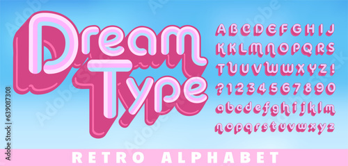 A retro 1970s style striped alphabet in pink and blue hues