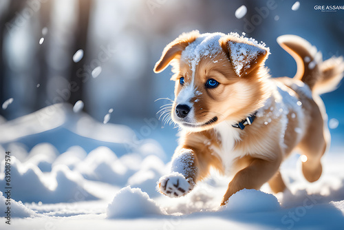 a cute dog running around  on the snow