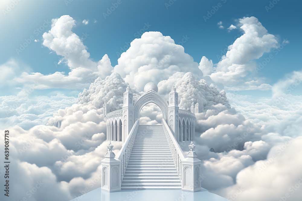 Generative AI Image of White Stairs Leading Up to Heaven Gate with Clouds in Blue Sky