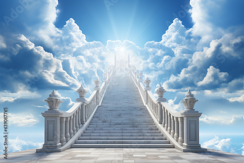 Generative AI Image of Stairs Leading Up to Heaven Gate with Bright Light in Blue Sky
