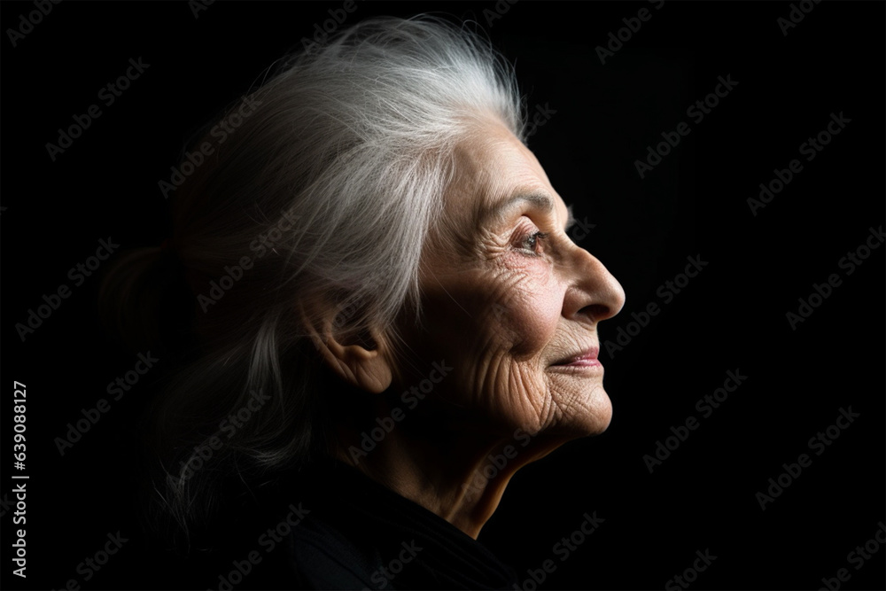 close-up portrait of a beautiful senior woman with gray hair a dark background. Self care and mental health concept. close-up portrait of a beautiful senior woman with gray hair a dark background. Self care and mental health concept.