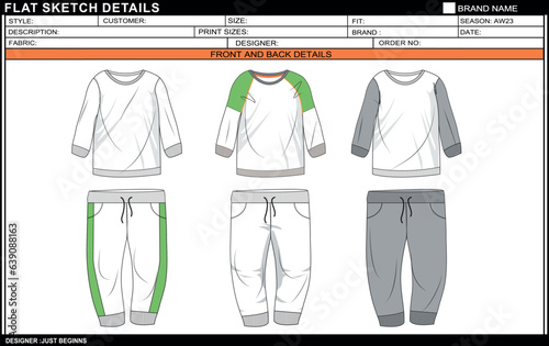 BABY BOYS FULL SLEEVE AND JOGGER SET DRESS FLAT SKETCH FASHION TEMPLATE TECHNICAL DRAWING ILLUSTRATION