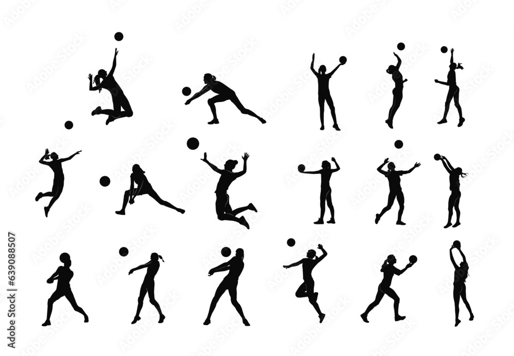 Woman voleyball silhouettes set, woman with voleyball