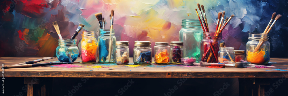 A poster of Artist art creative background - Glass with many different painting brushes and palette with blobs of acrylic oil paint on table High quality photo with copy space. - obrazy, fototapety, plakaty 