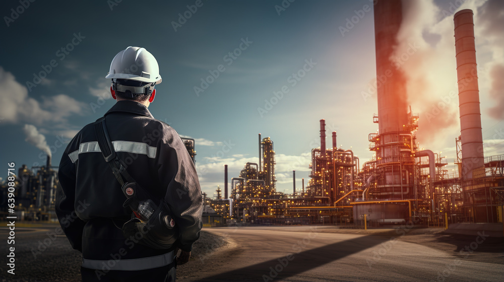 A Behind the scenes of a group of engineers wearing safety stands looking at a large industrial factory background with chimneys and smoke. A Behind the scenes of a group of engineers wearing safety stands looking at a large industrial factory background with chimneys and smoke.