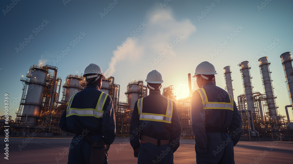 A  Behind the scenes of a group of engineers wearing safety stands looking at a large industrial factory background with chimneys and smoke.