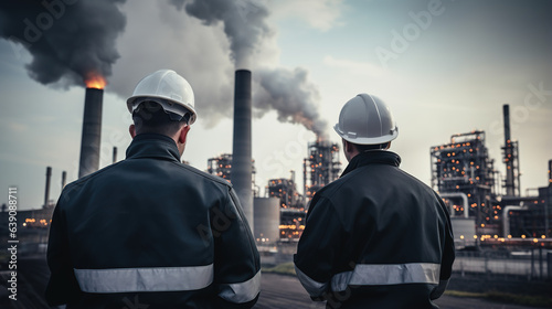 A Behind the scenes of a group of engineers wearing safety stands looking at a large industrial factory background with chimneys and smoke.