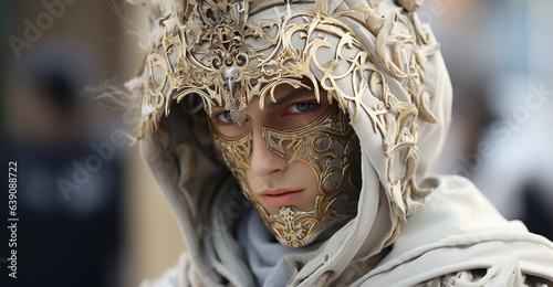 Image of a mysterious man in a beautiful carnival white mask with gold   © Margo_Alexa